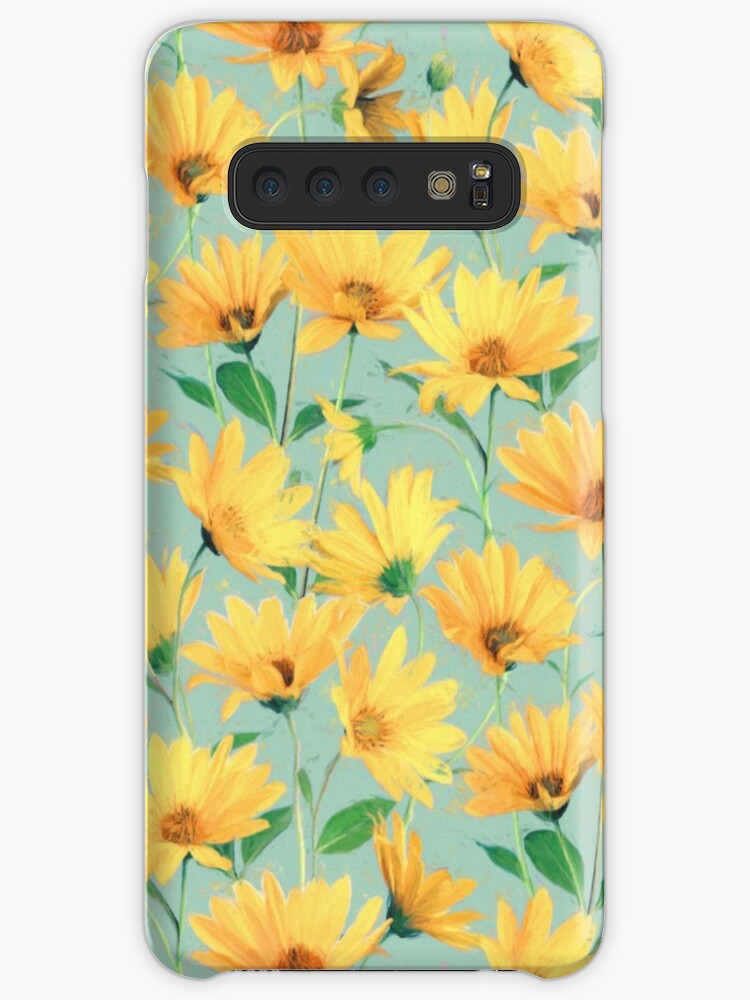 Painted Golden Yellow Daisies on soft sage green Coque Samsung S10