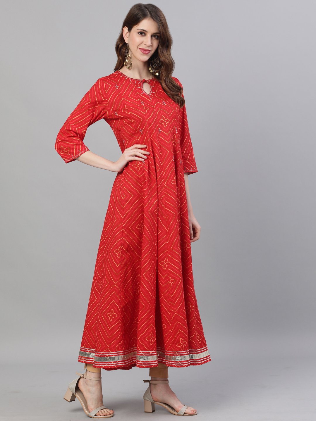 Buy Ishin Women's Cotton Red Bandhani Embroidered Anarkali Flared ...