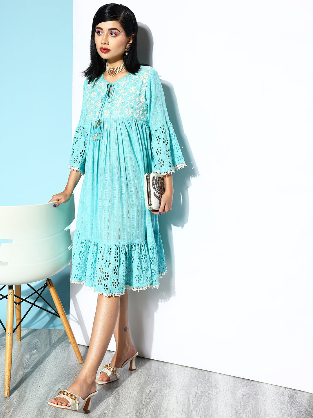 Ishin Women's Cotton Blue Schiffli Embroidered A-Line Dress