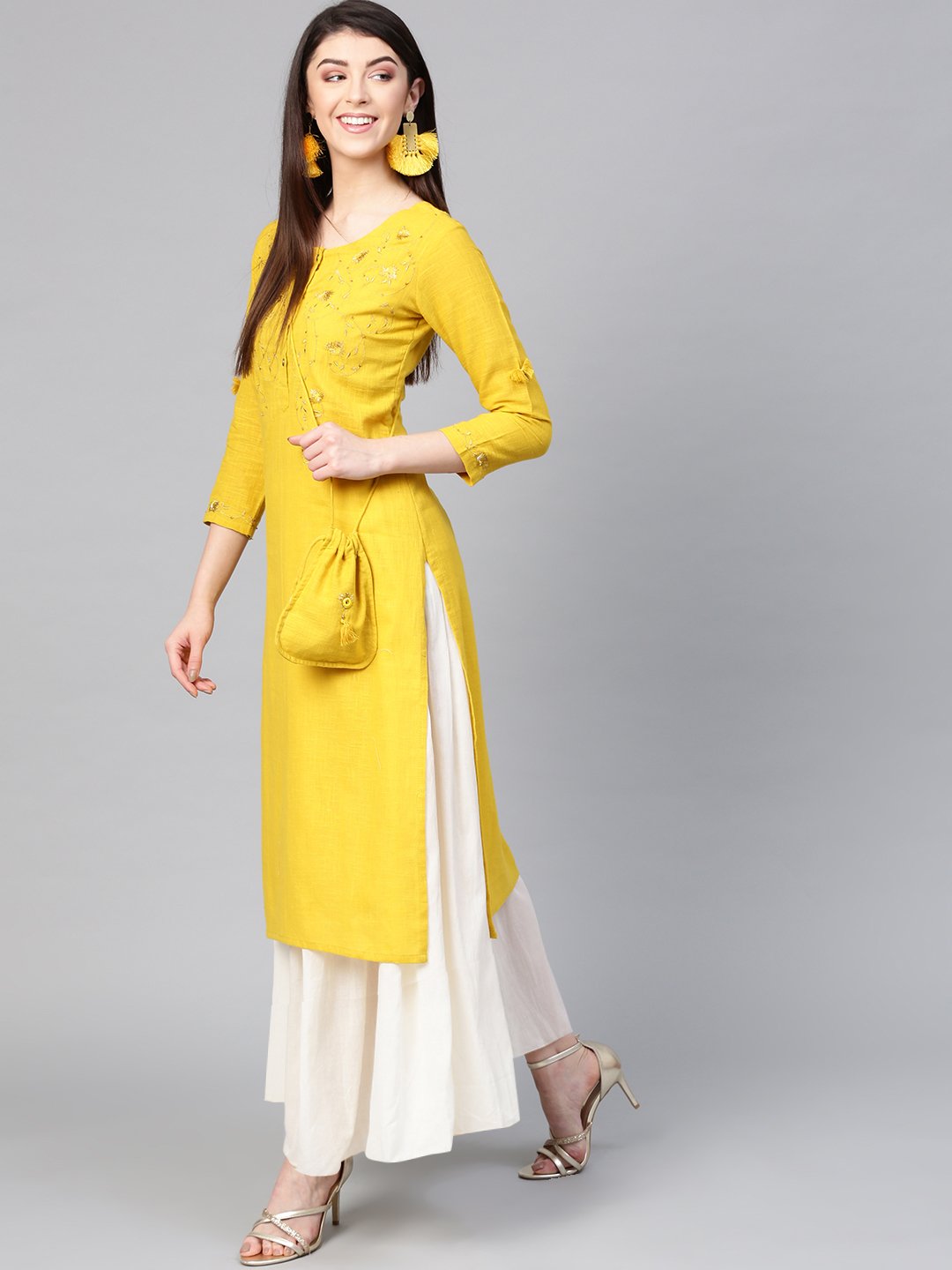 Buy Ishin Women's Cotton Mustard Yellow Embroidered A-Line Kurta ...