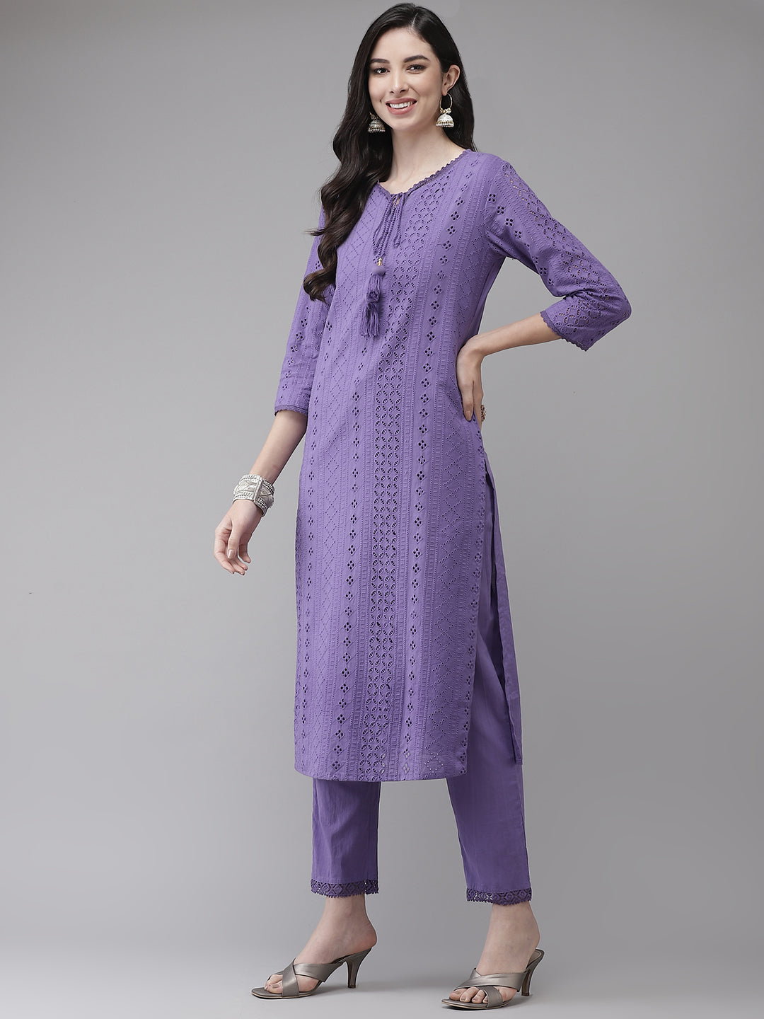 Buy Ishin Women's Cotton Purple Schiffli Embroidered A-Line Kurta ...
