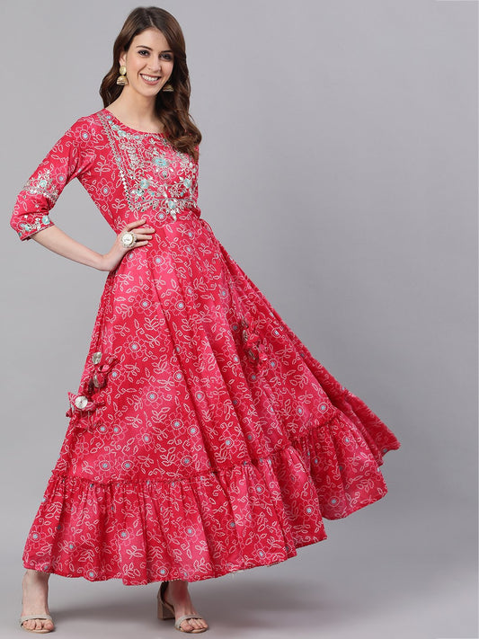 Pink Readymade Bandhej Printed Anarkali Kurti In Silk Latest 832KR01