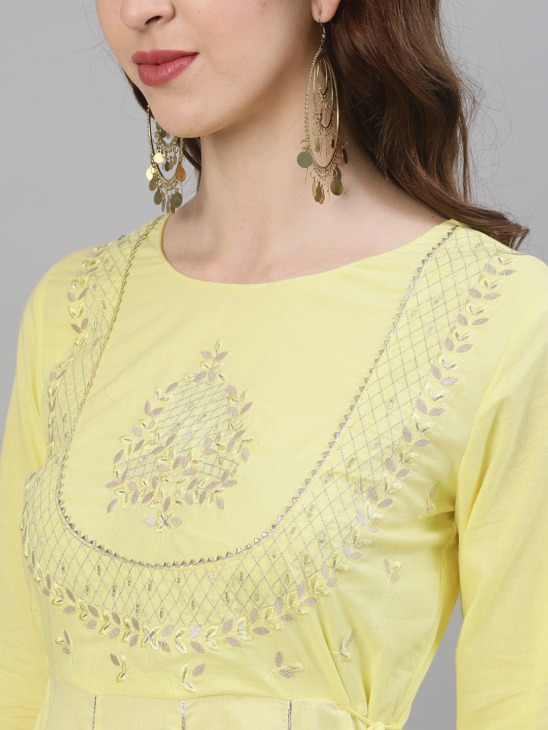 Ishin Women's Cotton Yellow Gota Patti Embroidered Anarkali Dress