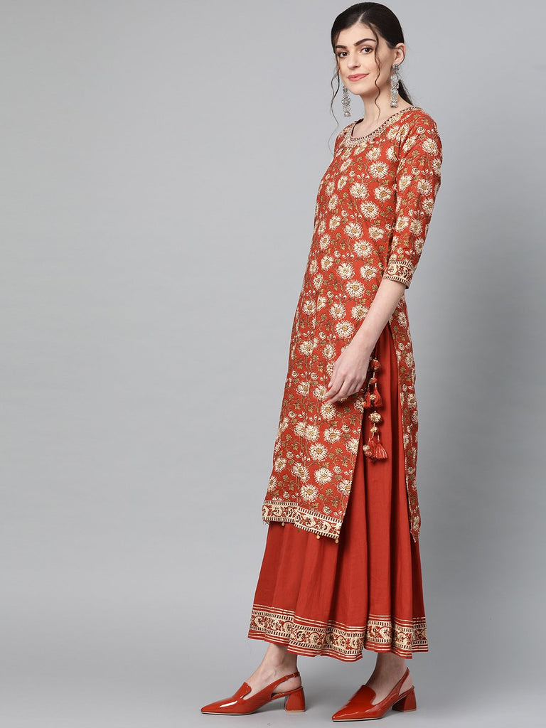 Buy Ishin Women's Cotton Brown Kalamkari Printed A-Line Kurta Palazzo ...