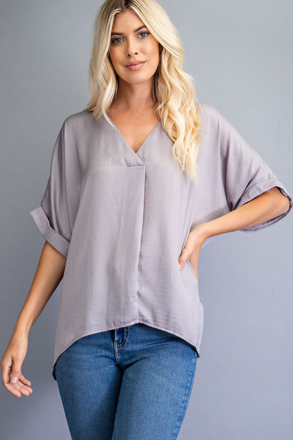 V-Neck High-Low Top  W/ Sleeve Cuffs