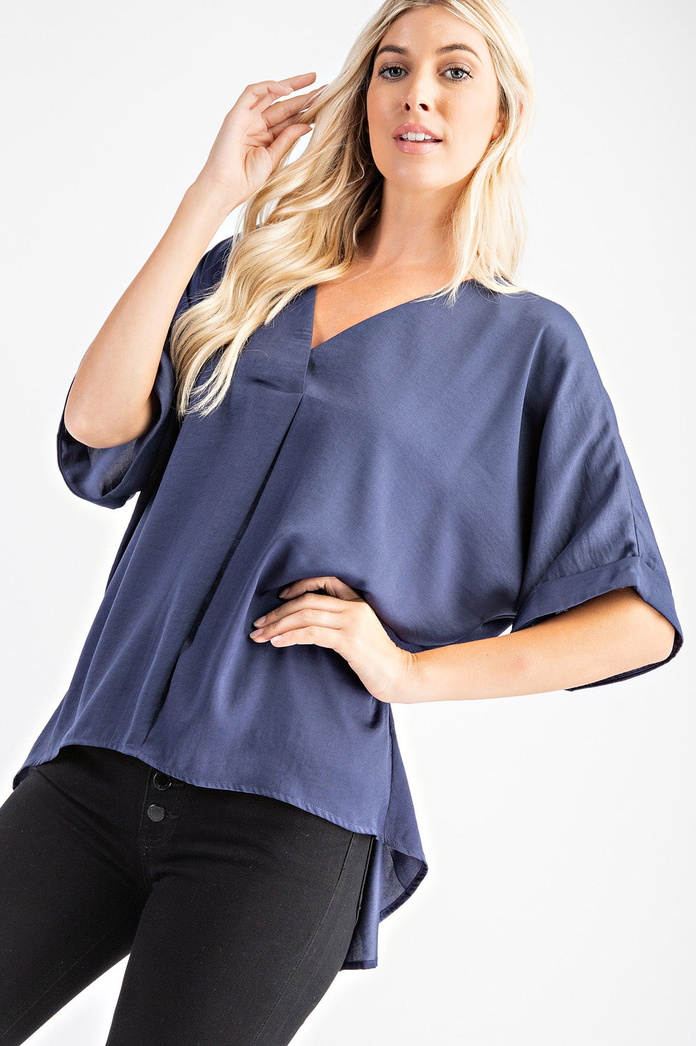 V-Neck High-Low Top W/ Sleeve Cuffs