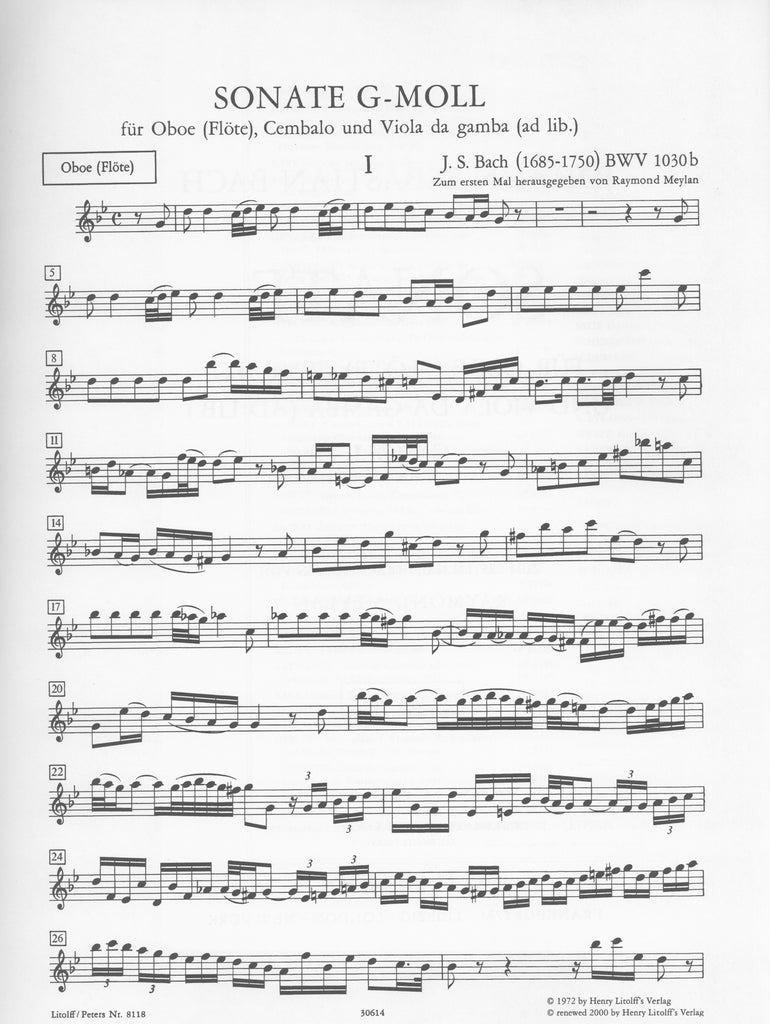 オンライン限定商品】 バッハ ソナタ ト短調 BWV1030b オーボエ あるいはフルート ピアノ ペータース出版