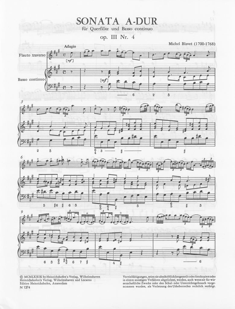 Sonata In A Major Op 3 4 Ob Pn Basso Continuo Trevco Music