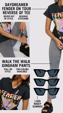 Rosey Sunglasses, Daydreamer Fender Tee, Gingham Pants