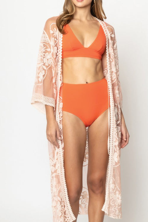 Sheer Lace Tie Front Kimono Cover Up In APRICOT