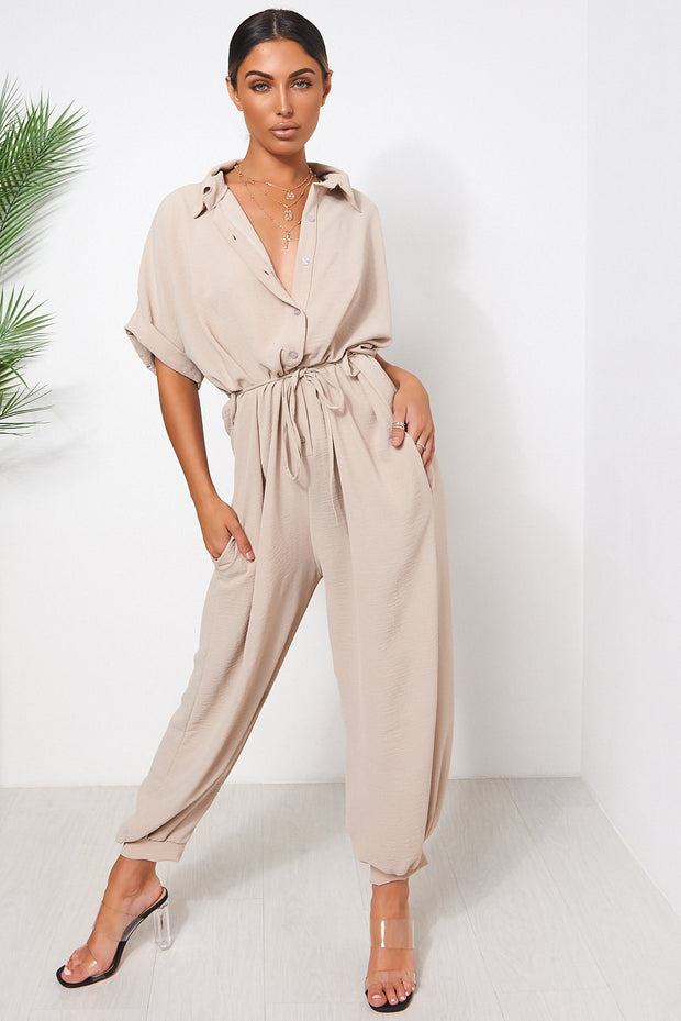 beige wide leg jumpsuit