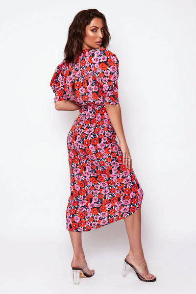 Kiya Red Floral Puff Sleeve Midi Dress#N#– The Fashion Bible