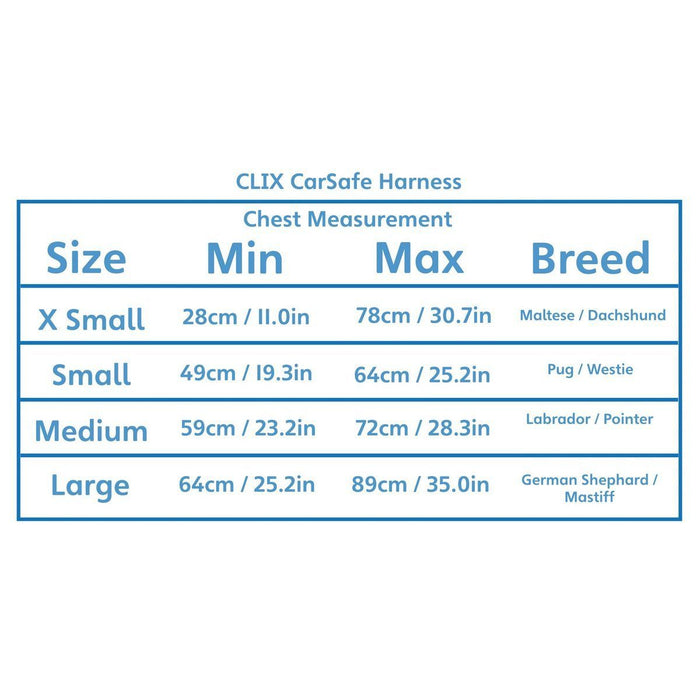 Clix Car Safe Harness Size Chart