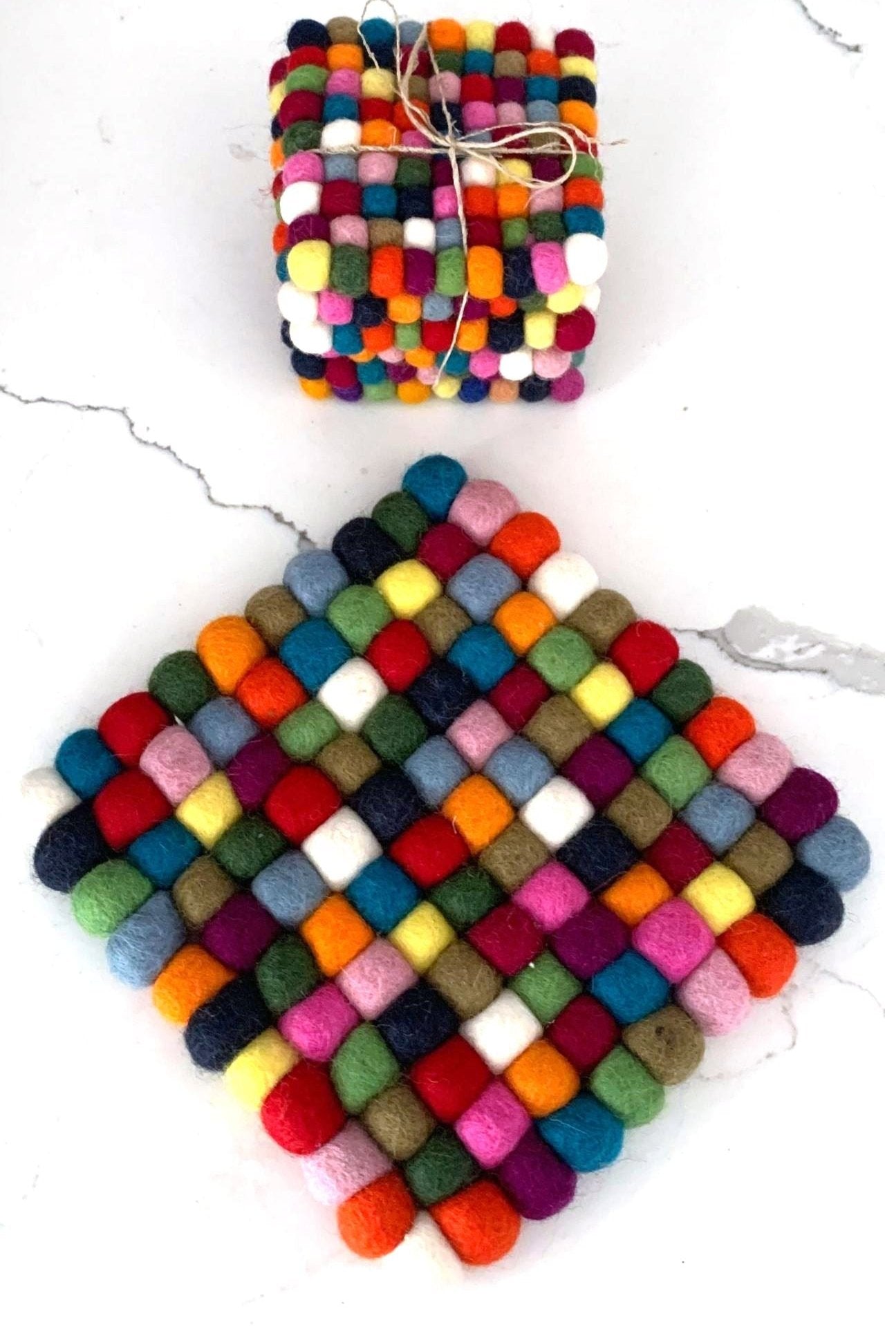 Felt Ball Set - Trivet + 6 Coasters (Multicolour)