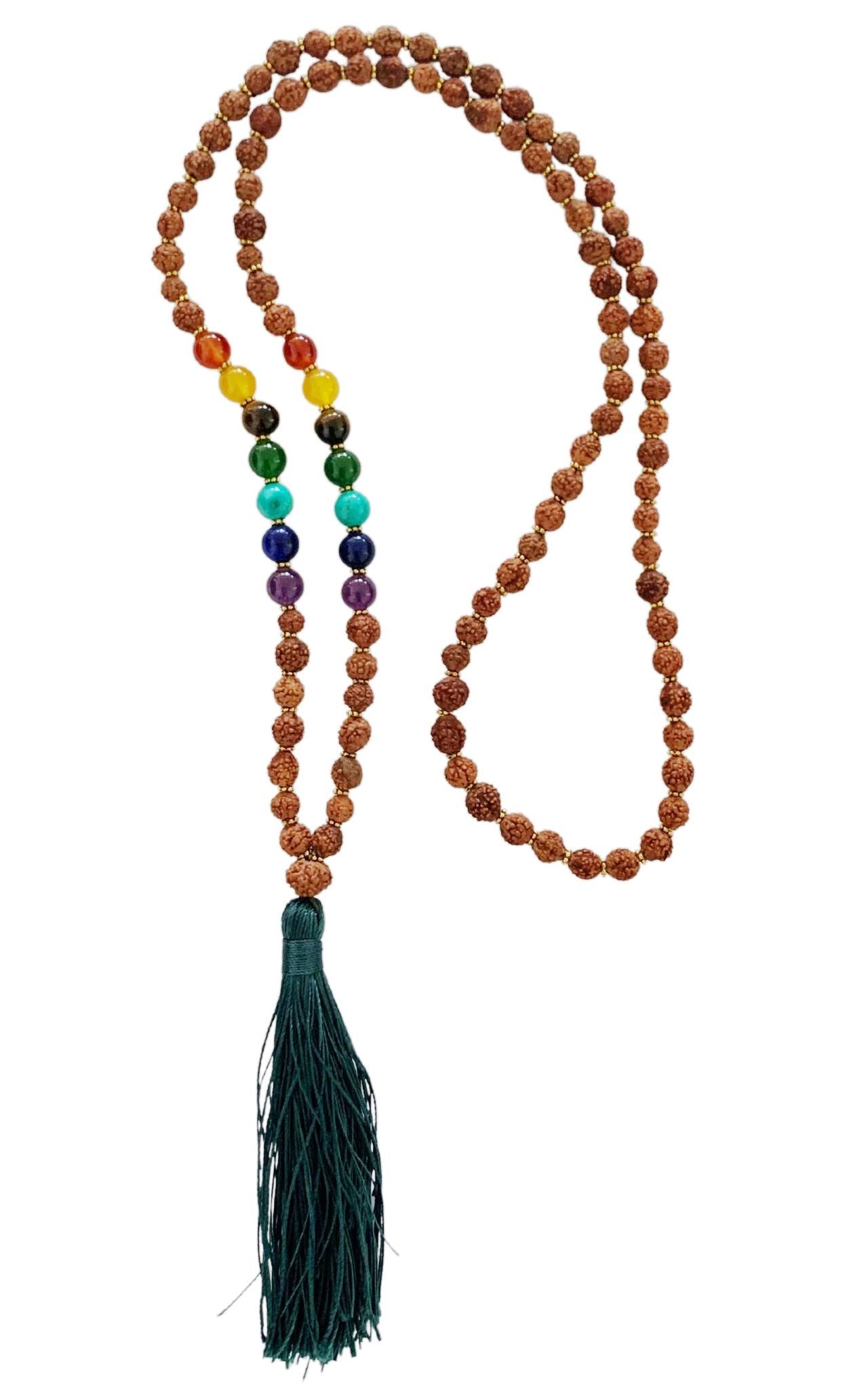 Rudraksha Seed Chakra Mala - Teal Tassel