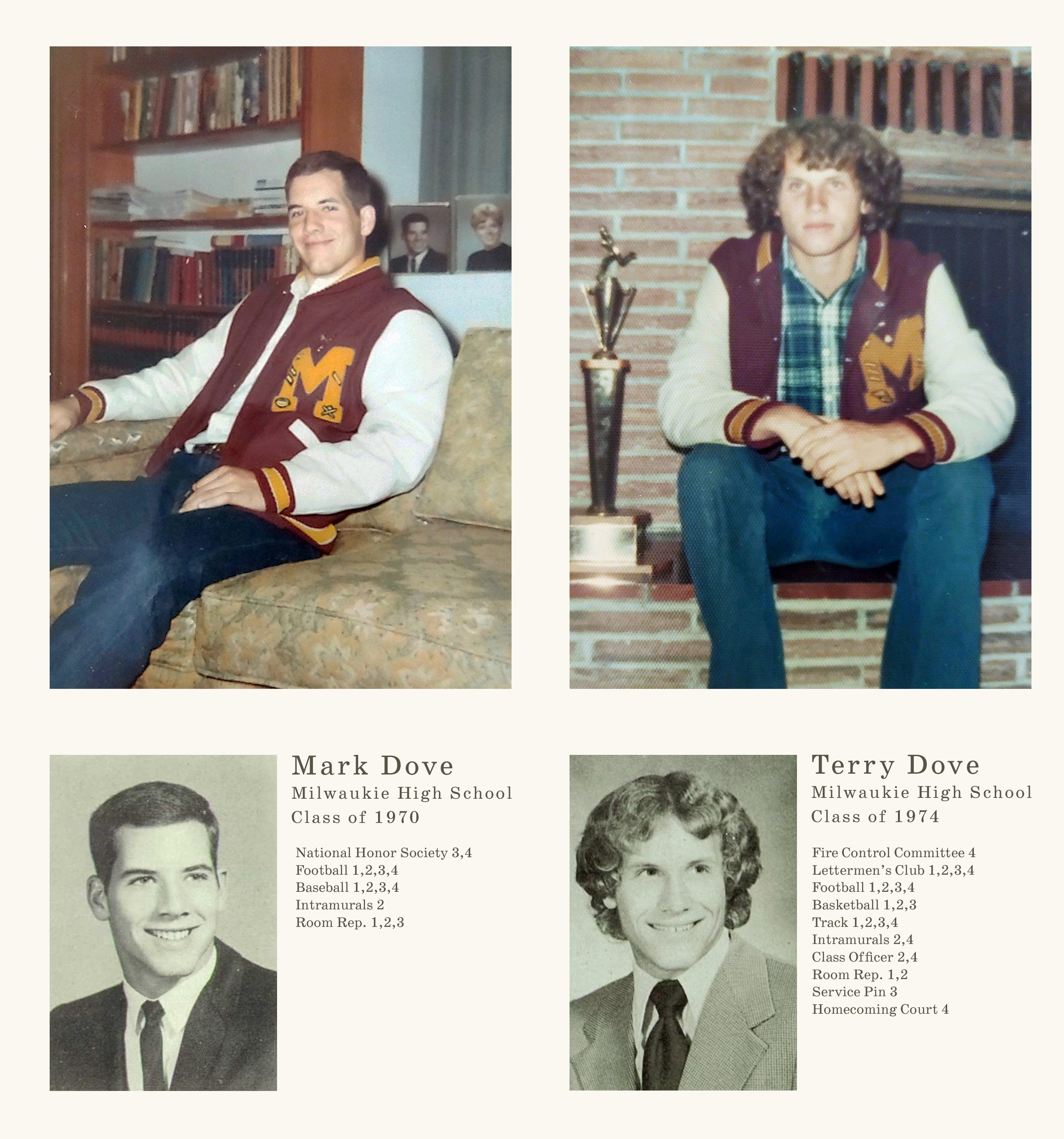 On the Left: Mark Dove in his Dehen Varsity Jacket. On the Right: Terry Dove in the same Dehen Jacket