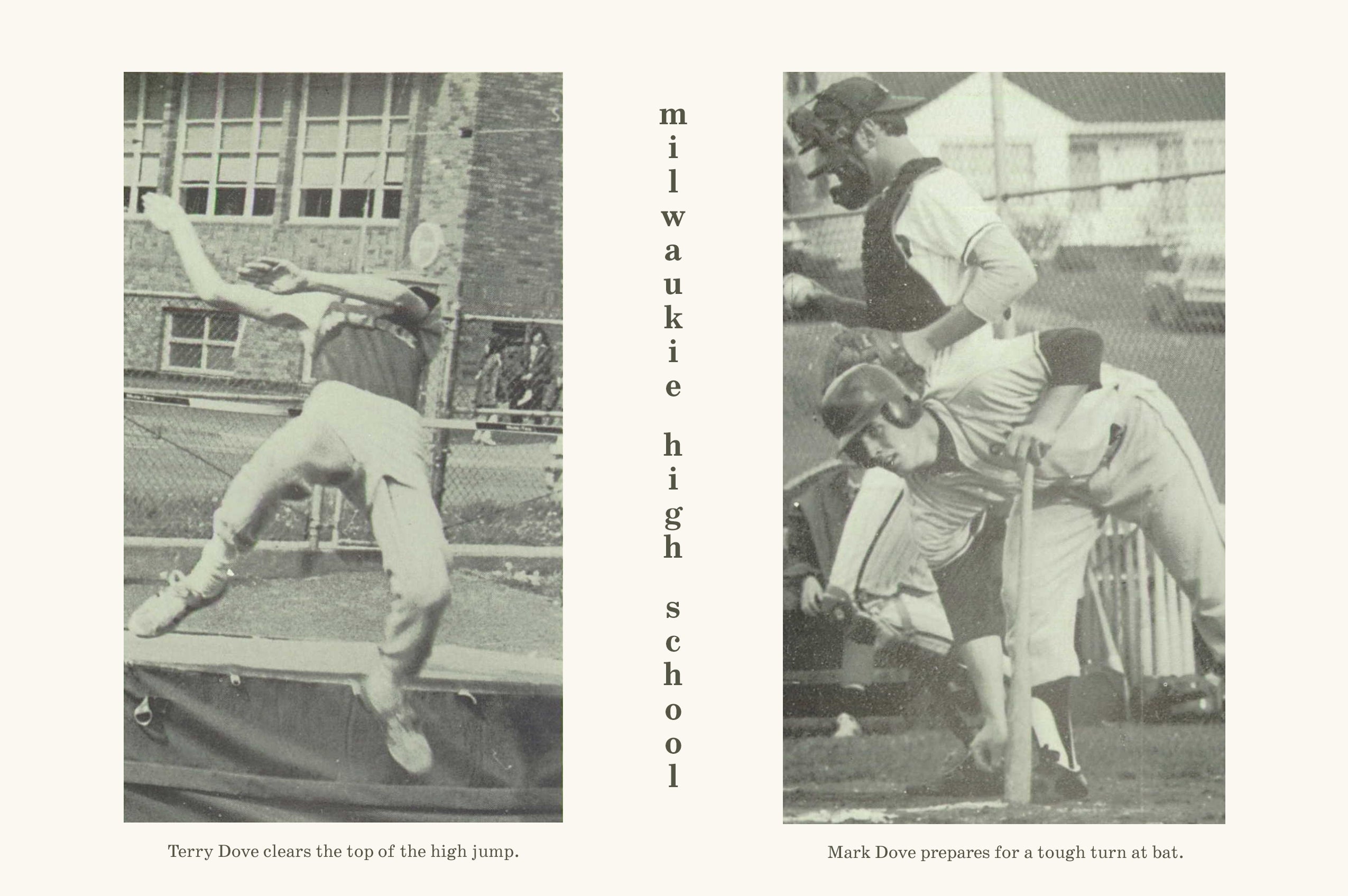 On the Left: Terry Dove clears the high jump. On the right: Mark Dove on deck in the batter's circle