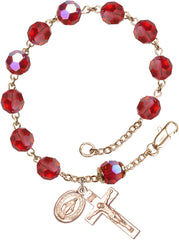 Learn More about 14 Karat Gold Filled 8mm Ruby Swarovski, Capped Our Father Aurora Borealis Rosary Bracelet Image of 14 Karat Gold Filled 8mm Ruby Swarovski, Capped Our Father Aurora Borealis Rosary Bracelet