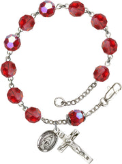 Learn More about 8mm Ruby Swarovski, Capped Our Father Aurora Borealis Sterling Silver Rosary Bracelet Image of 8mm Ruby Swarovski, Capped Our Father Aurora Borealis Sterling Silver Rosary Bracelet