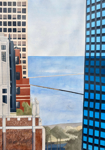 Modern Chicago Landscape Painting using watercolors and acrylics depicting the dichotomy of the city