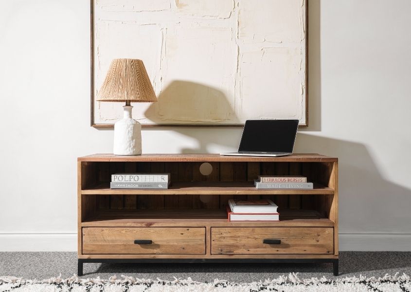 industrial tv unit with two drawers and table lamp on top