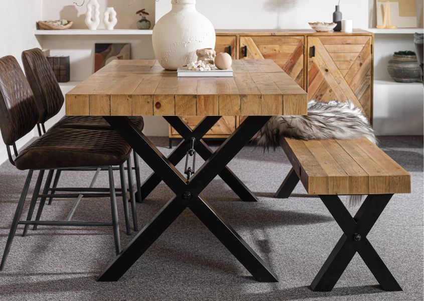 industrial dining table in reclaimed wood and black steel legs