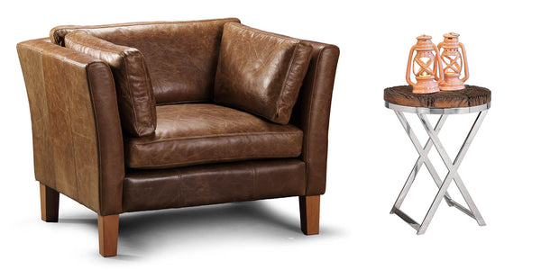 Barkby Brown Leather Armchair and Reclaimed Side Table