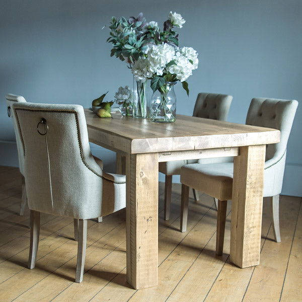 English Beam Extendable Reclaimed Wood Dining Table and Upholstered Chairs