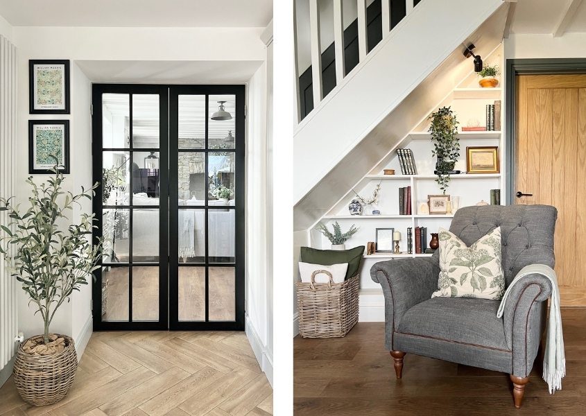 black crittal internal doors next to grey fabric armchair