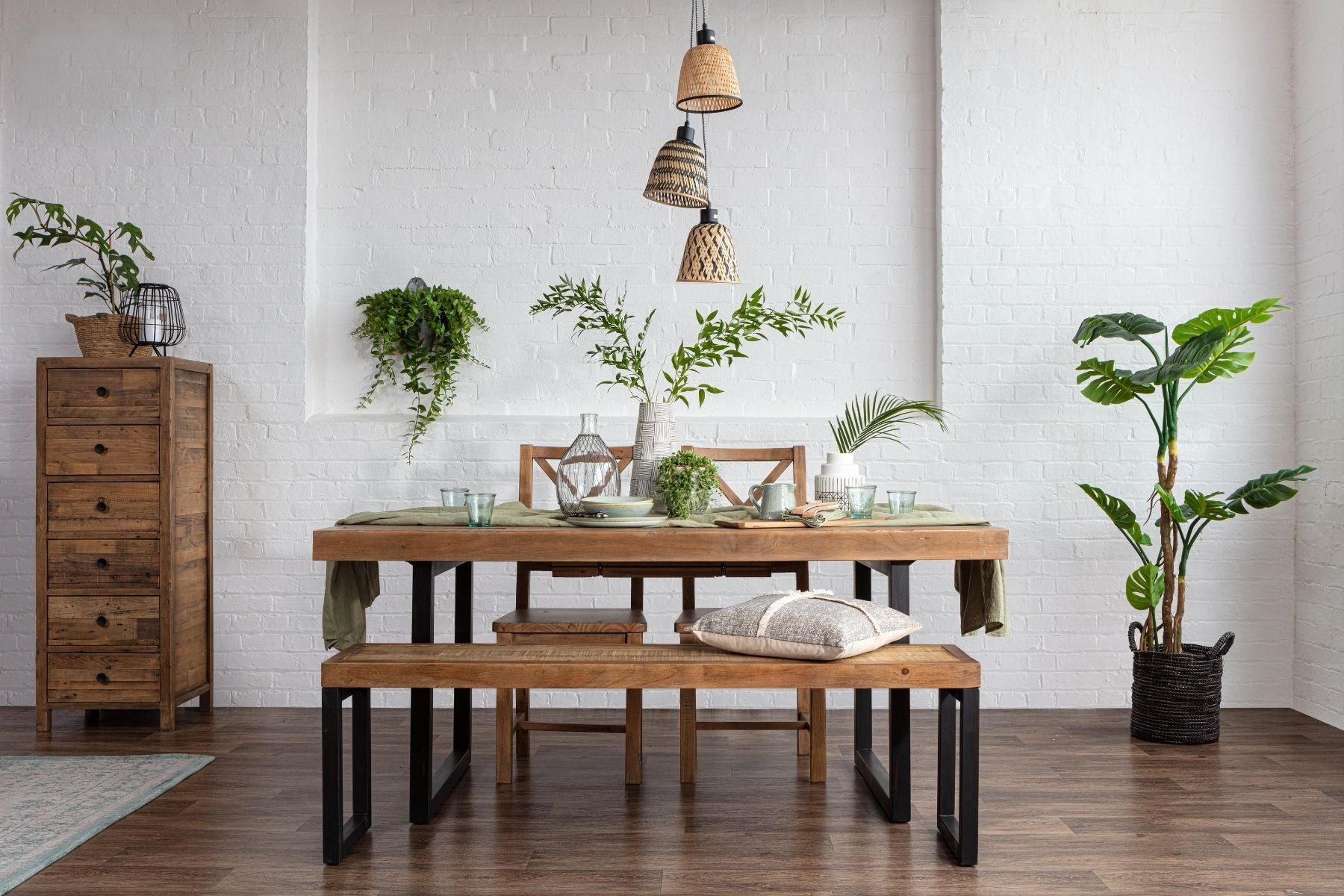 industrial dining table in reclaimed wood with matching wooden dining bench