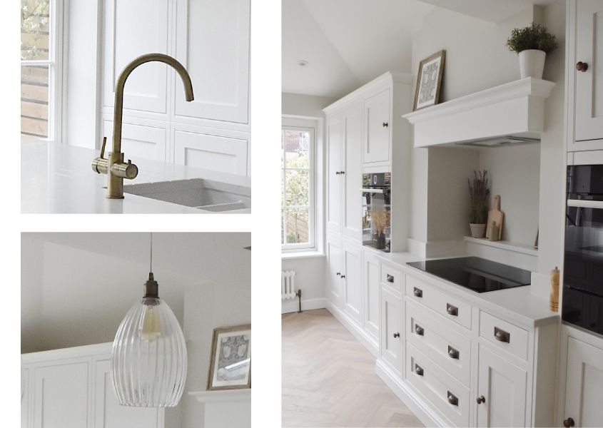 white kitchen units with detail of kitchen tap and pendant light