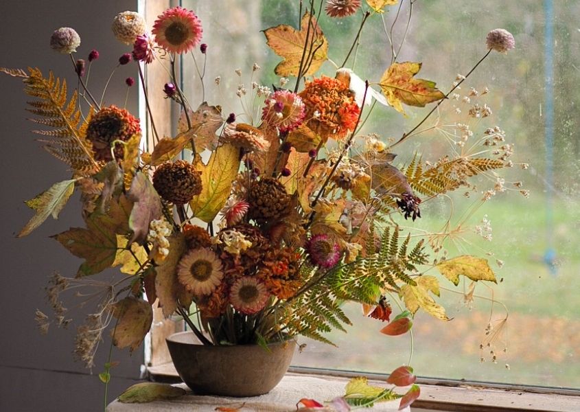 Vase of dried flowers in front of window