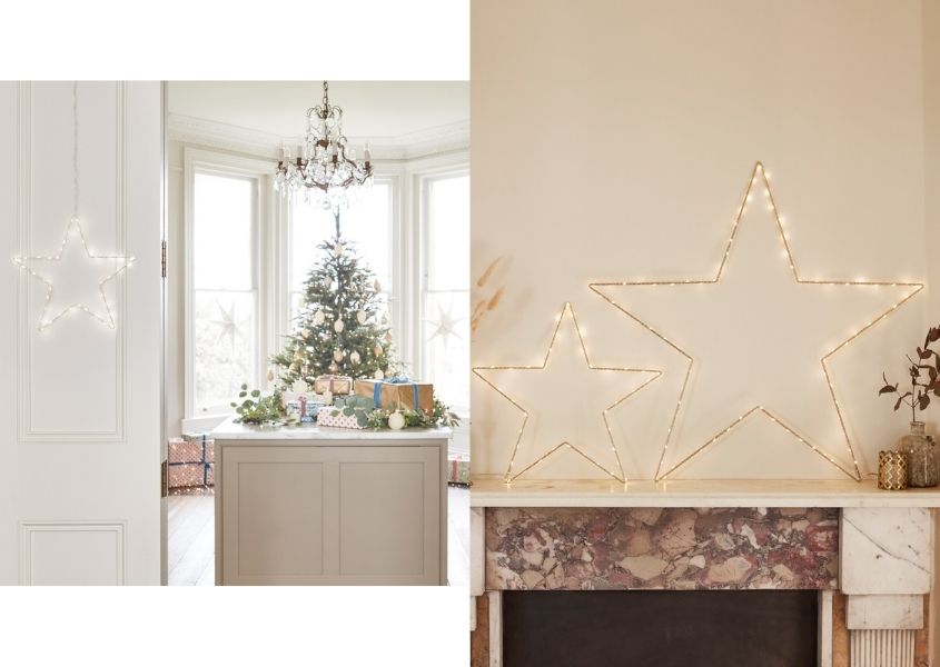 Christmas star light on mantelpiece and hanging in a kitchen