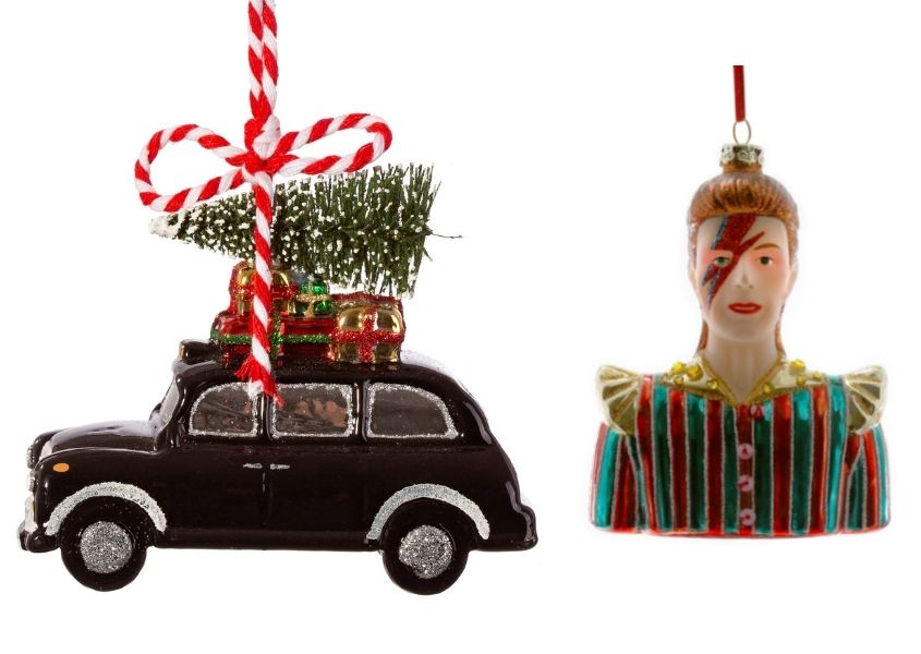 black taxi cab and Davie Bowie Christmas baubles for best Christmas decoration 2021 blog