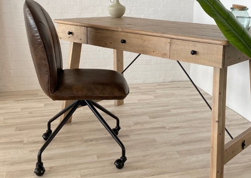 reclaimed wood desk with brown comfy office chair