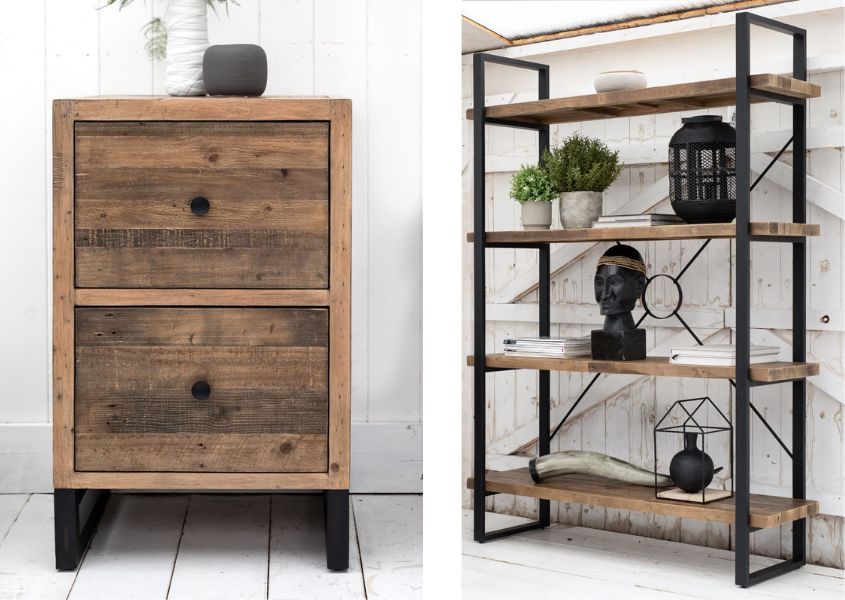 industrial bookcase and rustic side table with drawers