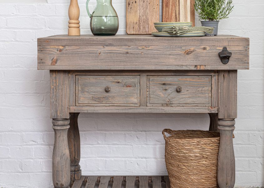 rustic wood butchers block with two drawers