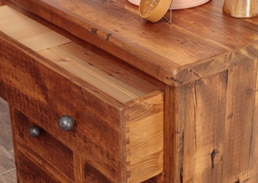 reclaimed wood chest of drawers with drawer open