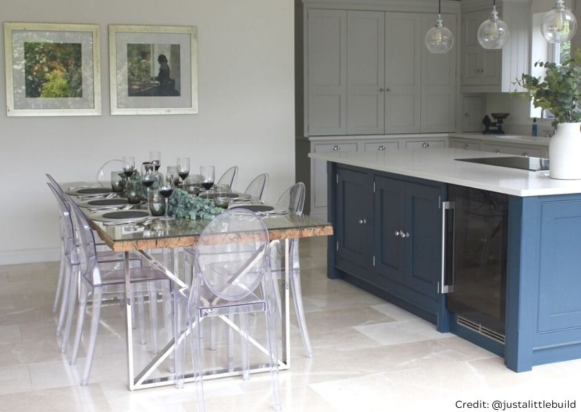 luxe kensington reclaimed wood dining table with blue kitchen units