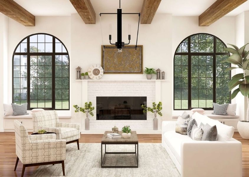 rustic living room with elegant cream upholstered armchairs and large sofa