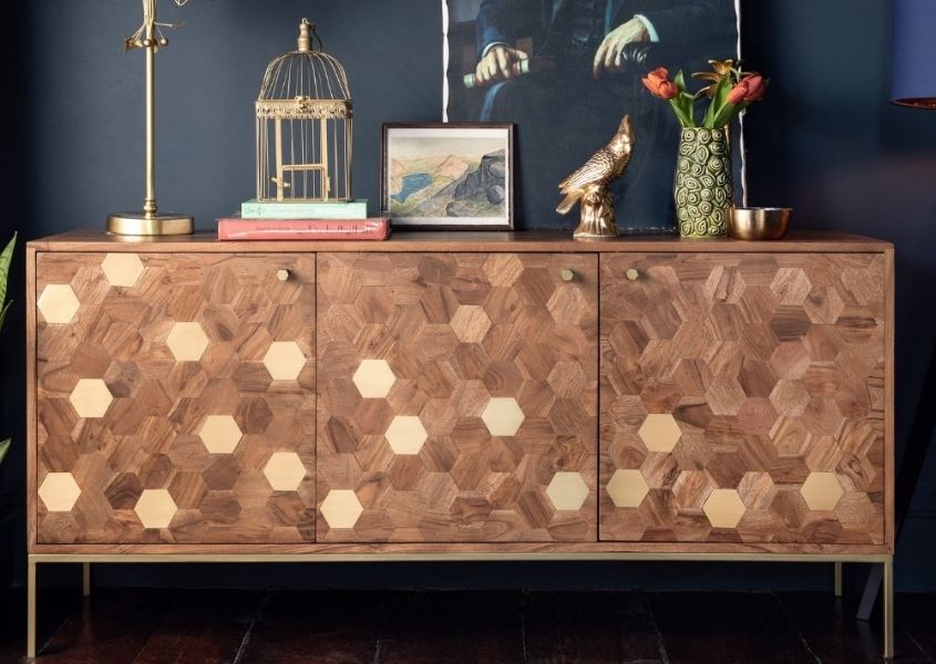 mango wood sideboard with brass hexagonal inlays