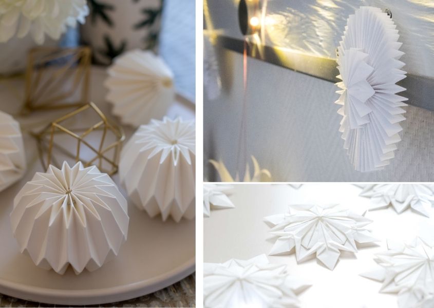Three images of white paper origami Christmas baubles