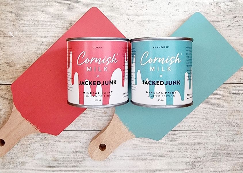 Coral and blue Cornish Milk Mineral painted paddles and pots