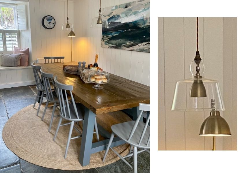 rustic dining table and close up of hanging pendant lights at Leat House Cornwall