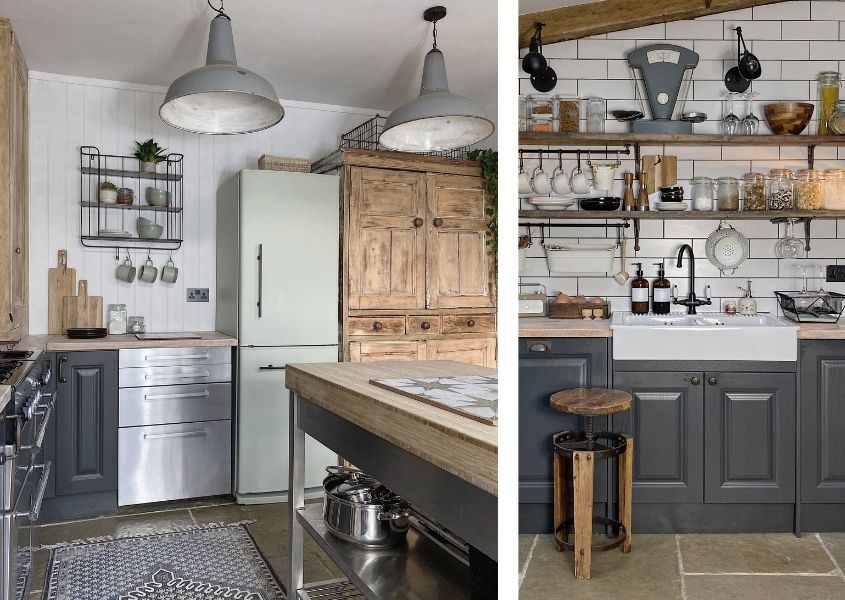 Two images of a rustic kitchen with reclaimed wood dresser and dark grey painted cabinets with rustic open shelves