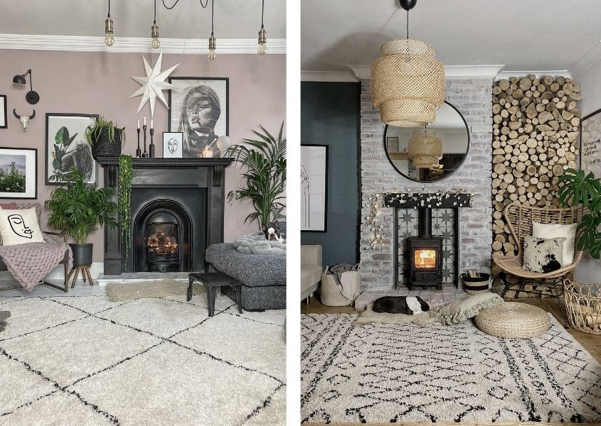Two images of Boho style living rooms with large cream rugs and rustic fireplaces