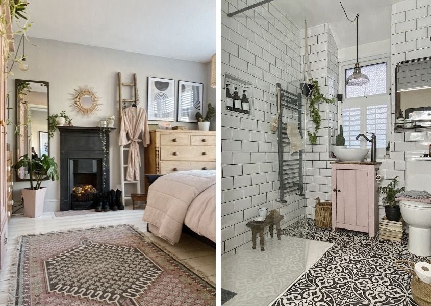 Two images, one of a bedroom with a rug beside the bed and black metal fireplace. The second image is a shower room with pink wooden cabinet and metro tiled walls
