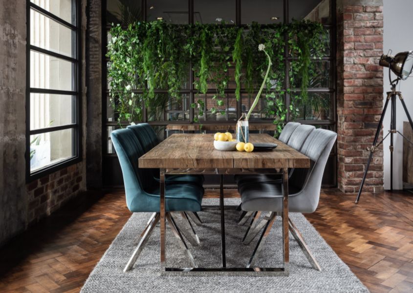 reclaimed wood dining table with velvet dining chairs