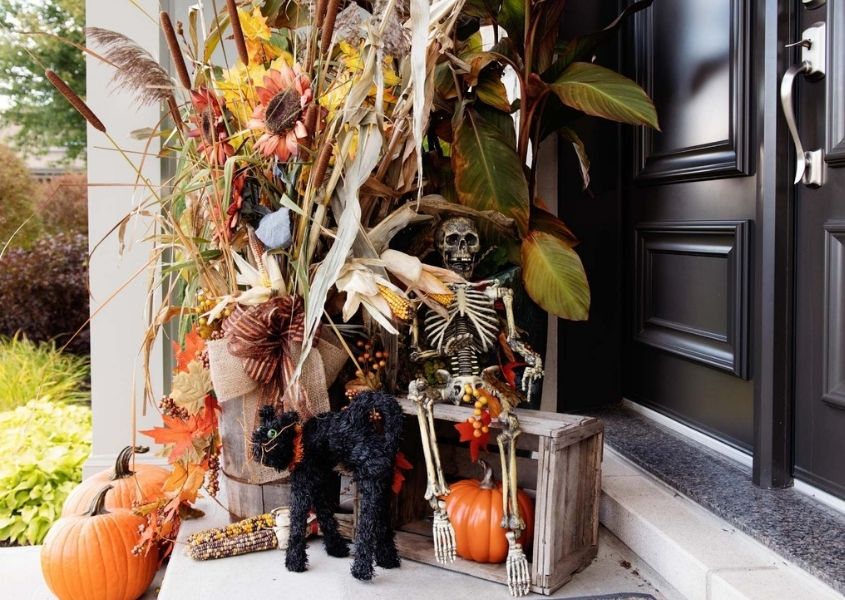 dried flowers and stylish Halloween decorations on front door step