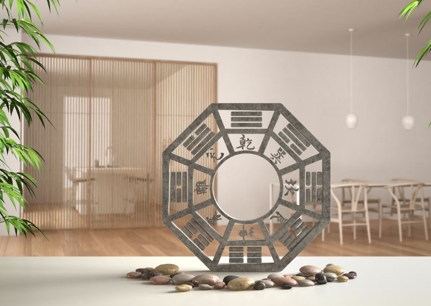 Round feng shui ornament with pebbles in a home